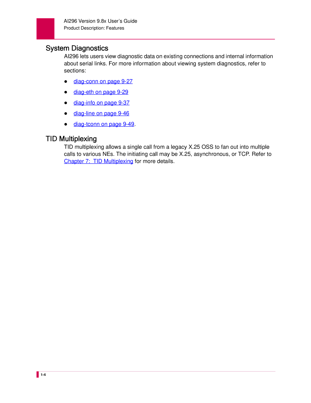 Kentrox AI296 manual System Diagnostics, TID Multiplexing 