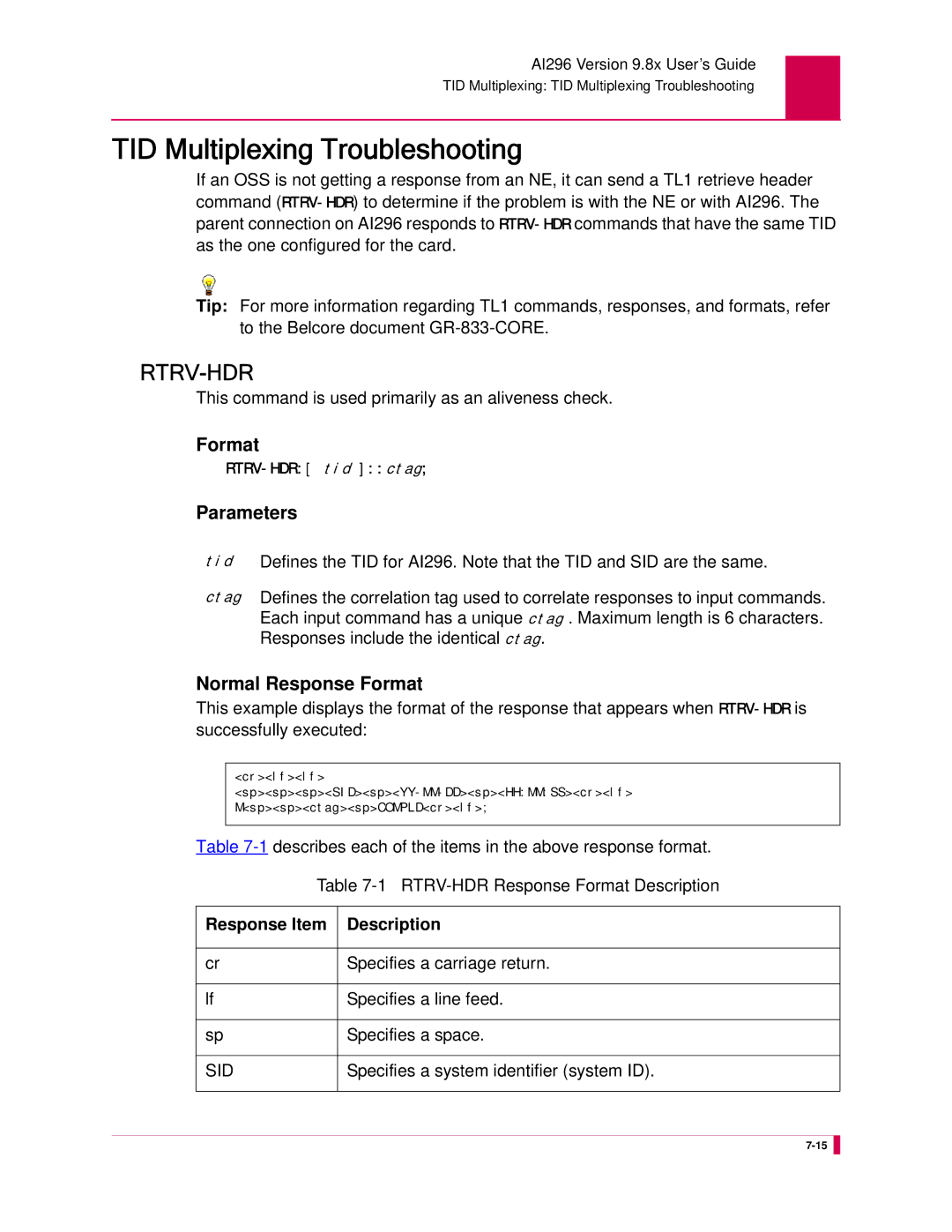 Kentrox AI296 manual TID Multiplexing Troubleshooting, Parameters, Normal Response Format, Response Item Description 