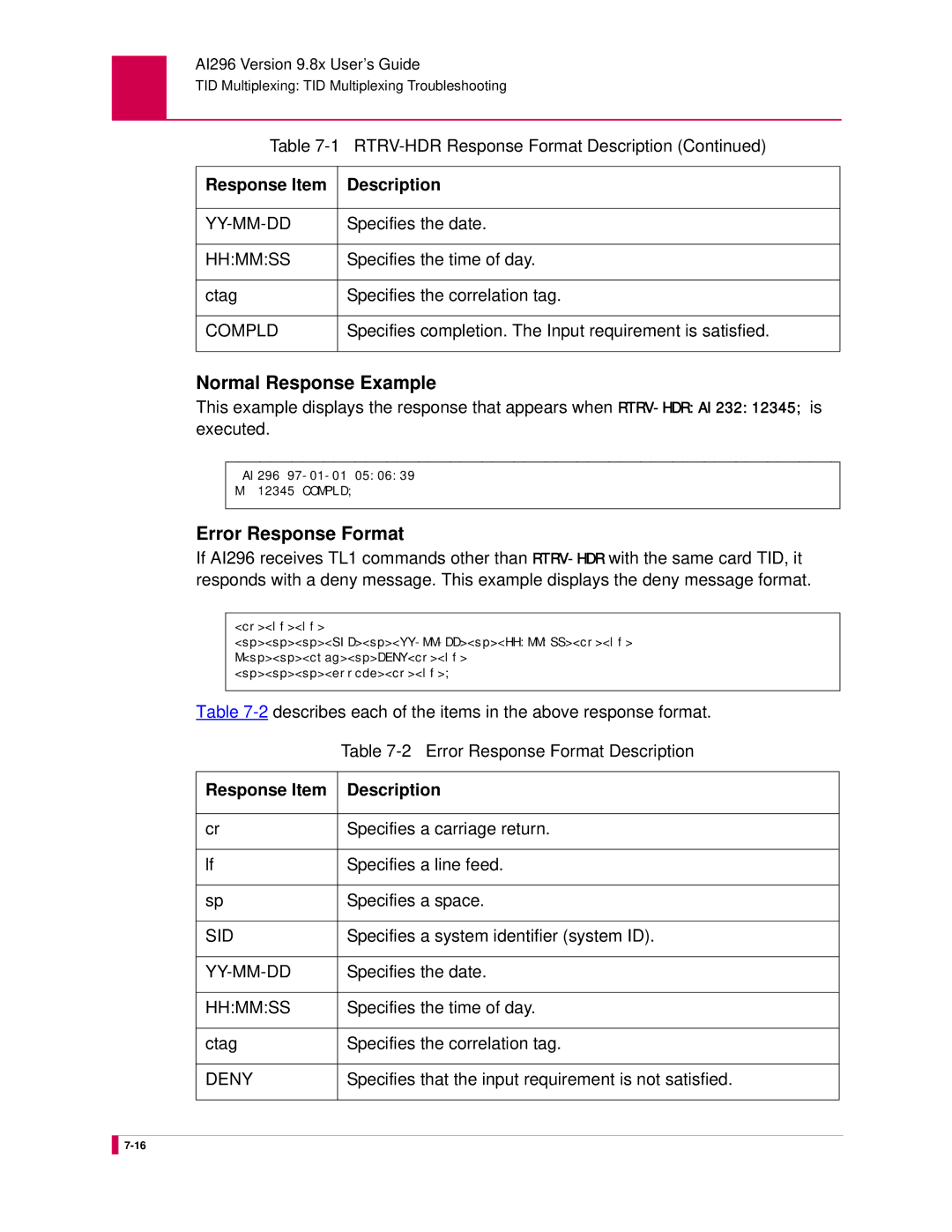 Kentrox AI296 manual Normal Response Example, Error Response Format 