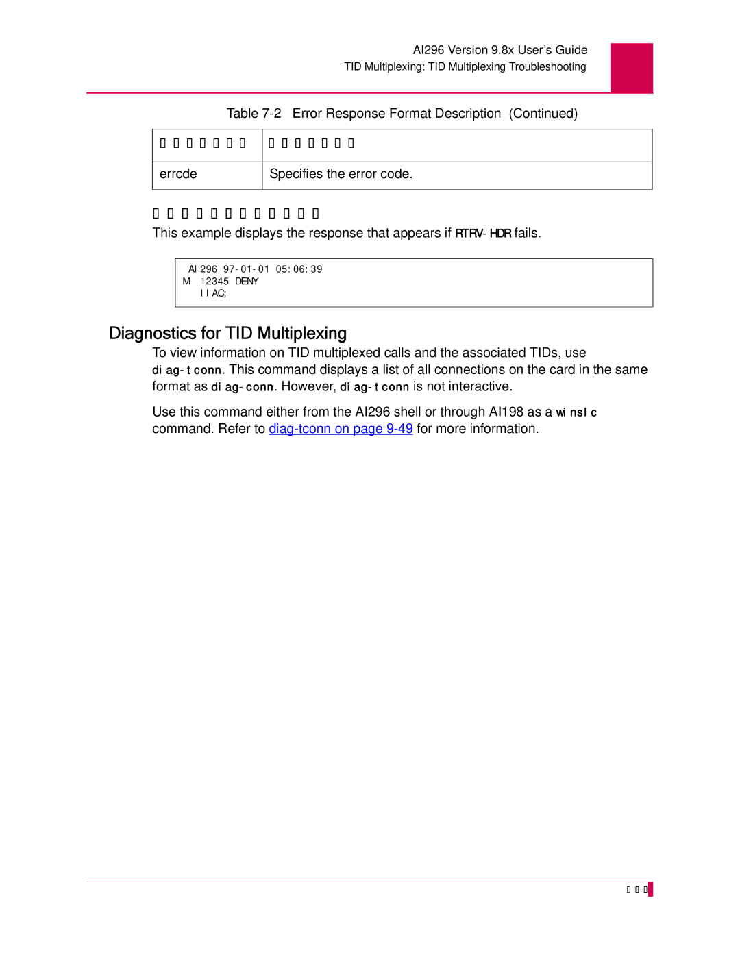 Kentrox AI296 manual Diagnostics for TID Multiplexing, Error Response Example, Errcde 