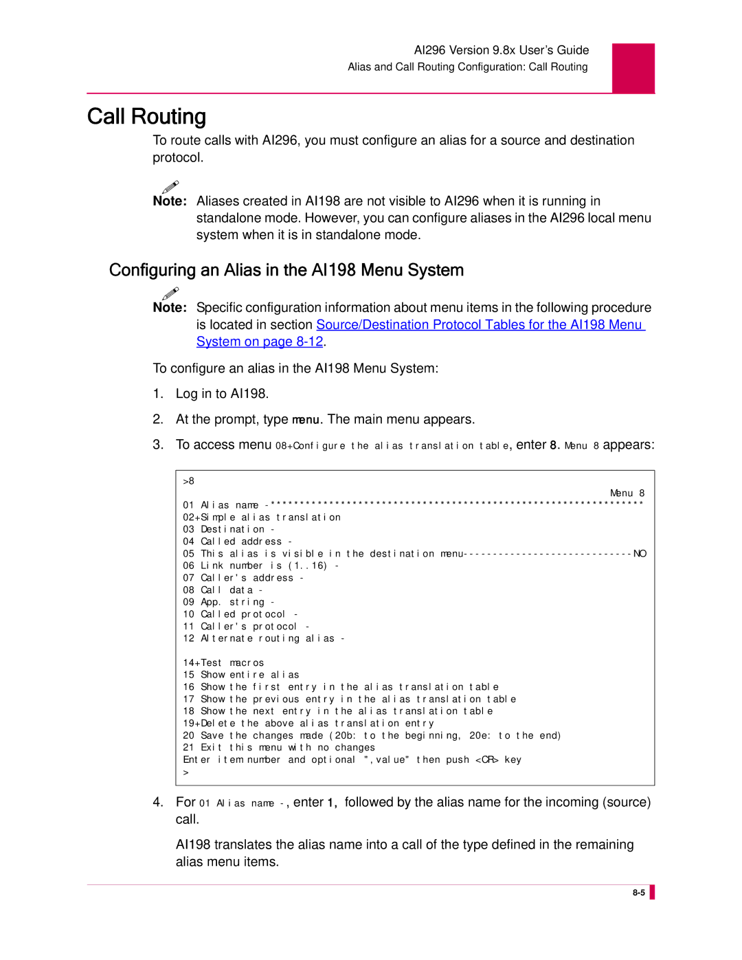 Kentrox AI296 manual Call Routing, Configuring an Alias in the AI198 Menu System 