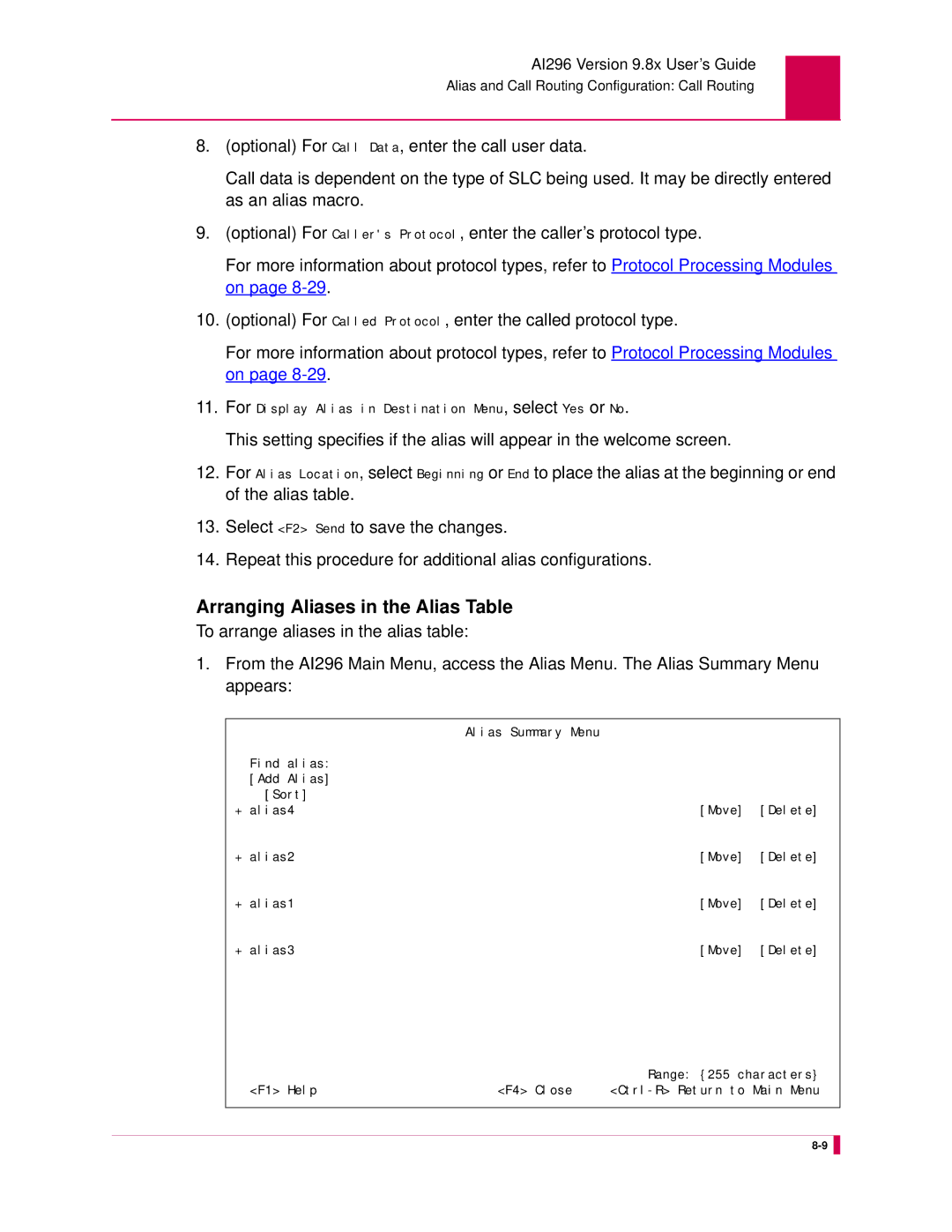 Kentrox AI296 manual Arranging Aliases in the Alias Table 