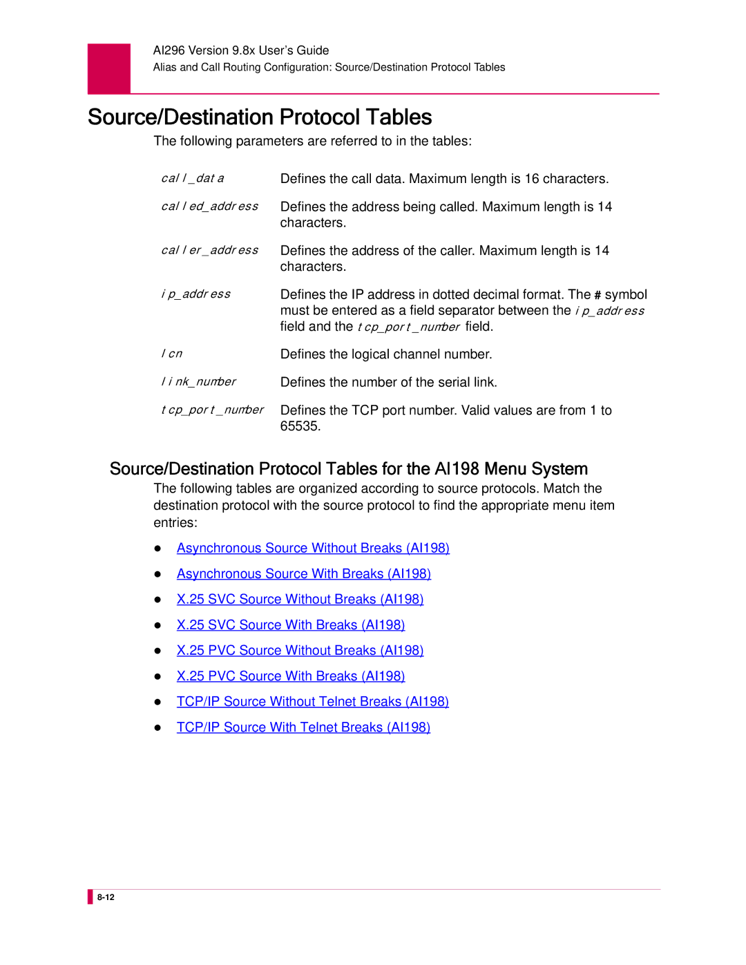 Kentrox AI296 manual Source/Destination Protocol Tables 