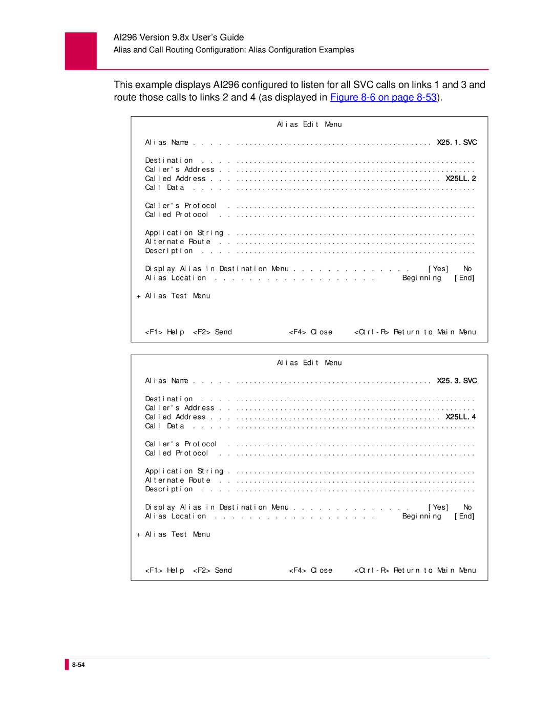 Kentrox AI296 manual Menu F1 Help F2 Send F4 Close Ctrl-R Return to Main Menu 