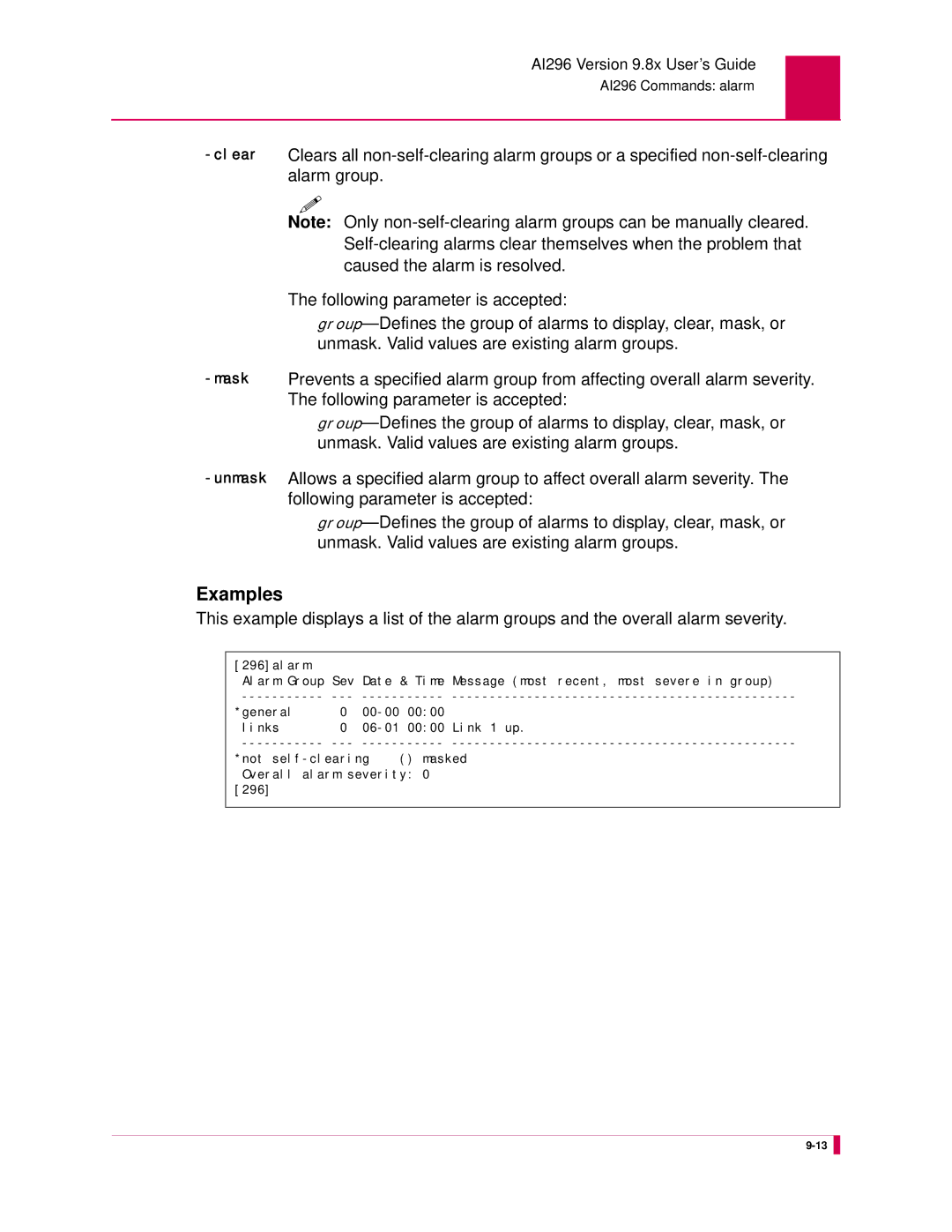 Kentrox AI296 manual Alarm group, Self-clearing alarms clear themselves when the problem that, Caused the alarm is resolved 