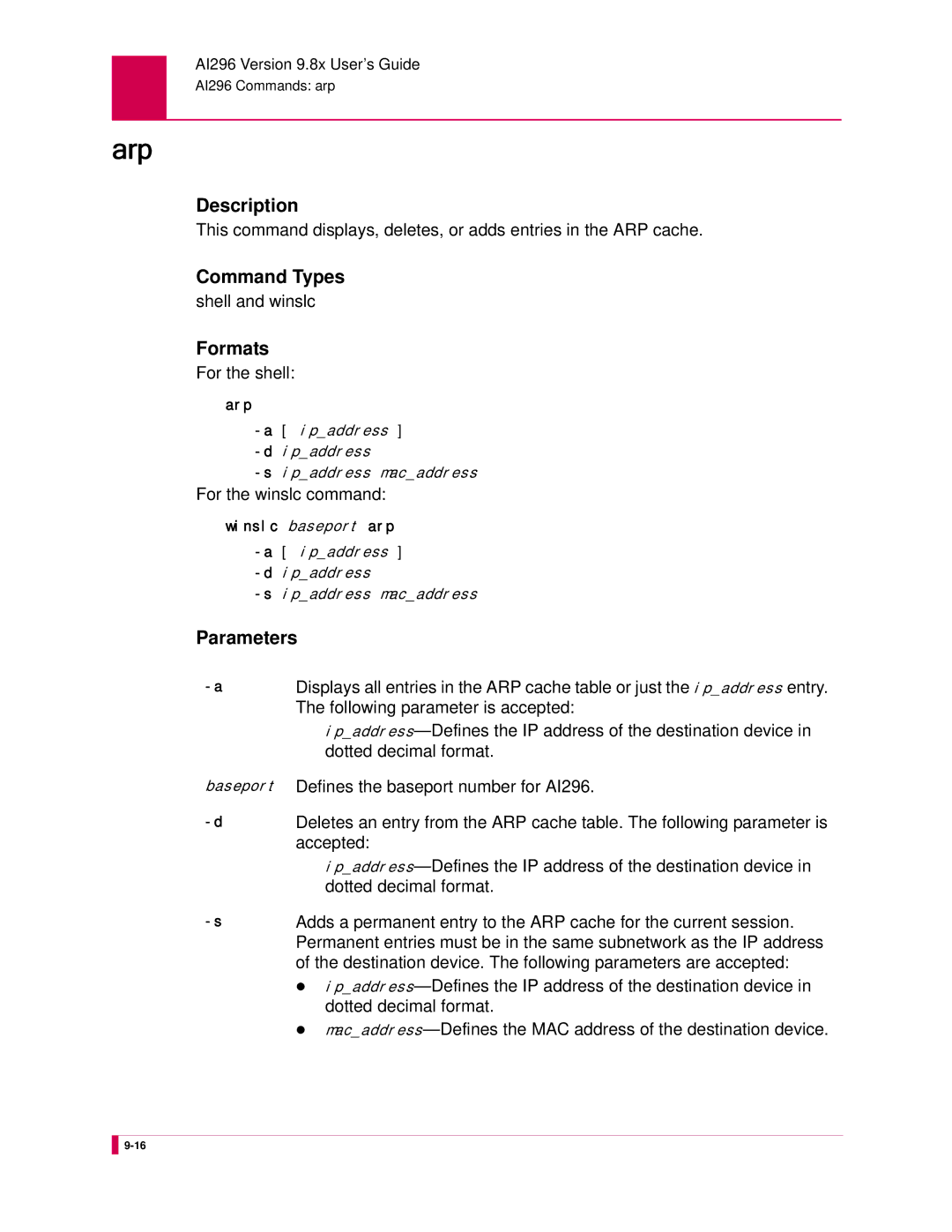 Kentrox AI296 manual Arp, Command Types 