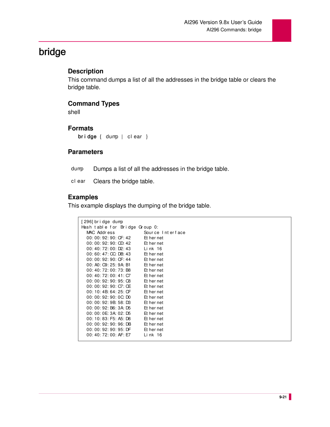 Kentrox AI296 manual Bridge, This example displays the dumping of the bridge table 