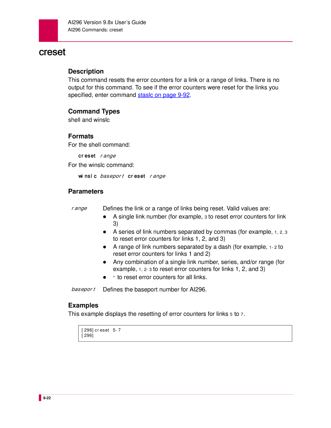 Kentrox AI296 manual Creset, To reset error counters for links 1, 2, Reset error counters for links 1 