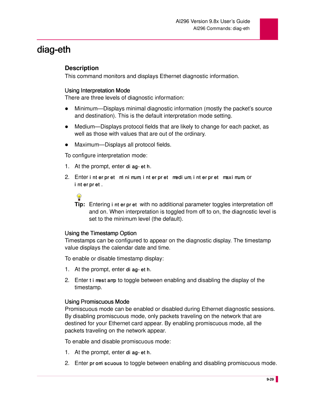 Kentrox AI296 manual Diag-eth, Using Interpretation Mode 