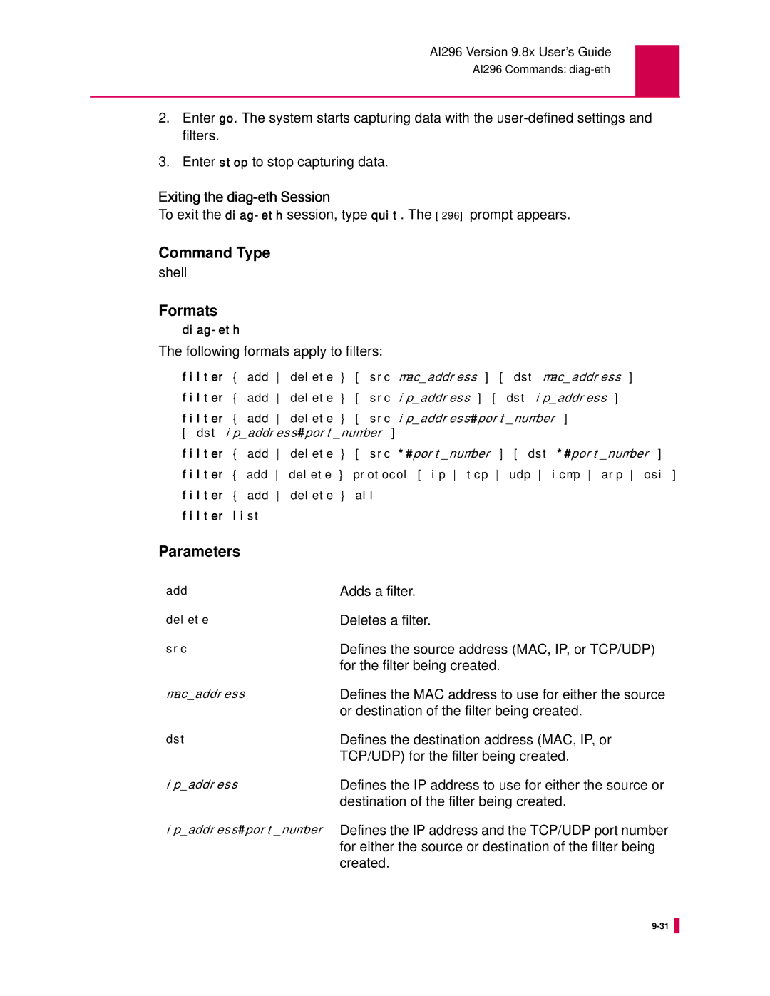 Kentrox AI296 Following formats apply to filters, Adds a filter, Deletes a filter, For the filter being created, Created 