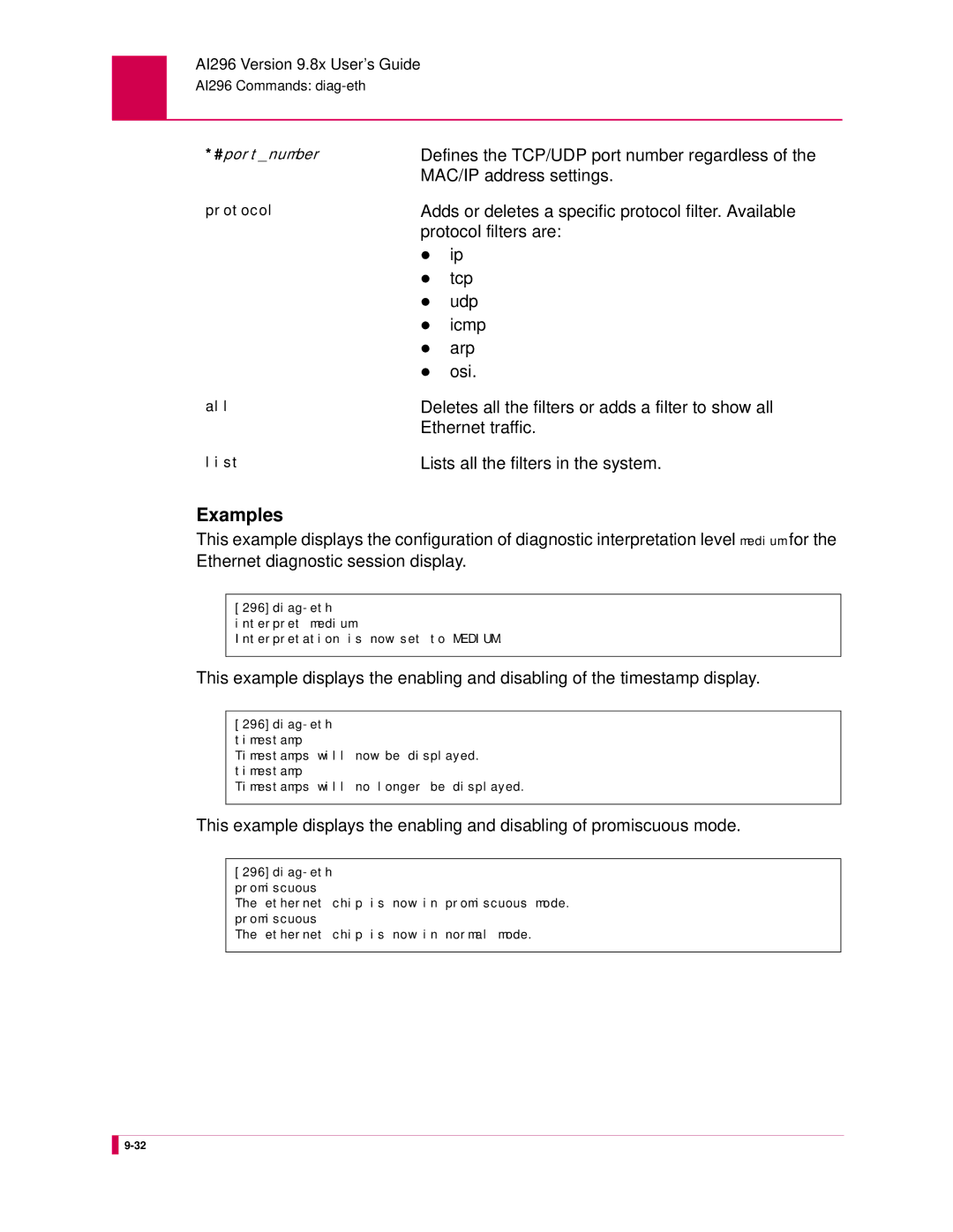 Kentrox AI296 Defines the TCP/UDP port number regardless, MAC/IP address settings, Protocol filters are, Tcp, Udp, Icmp 