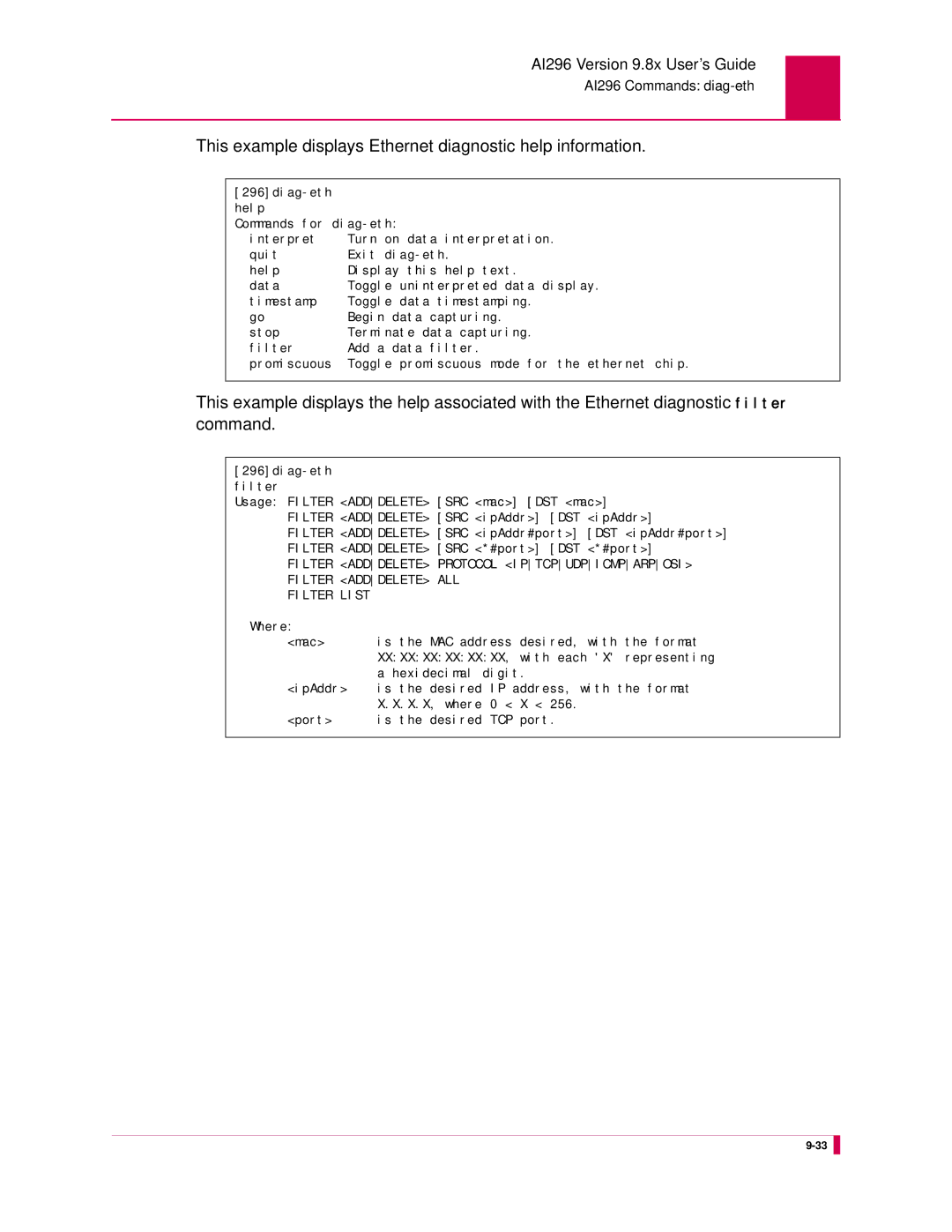 Kentrox AI296 manual This example displays Ethernet diagnostic help information 