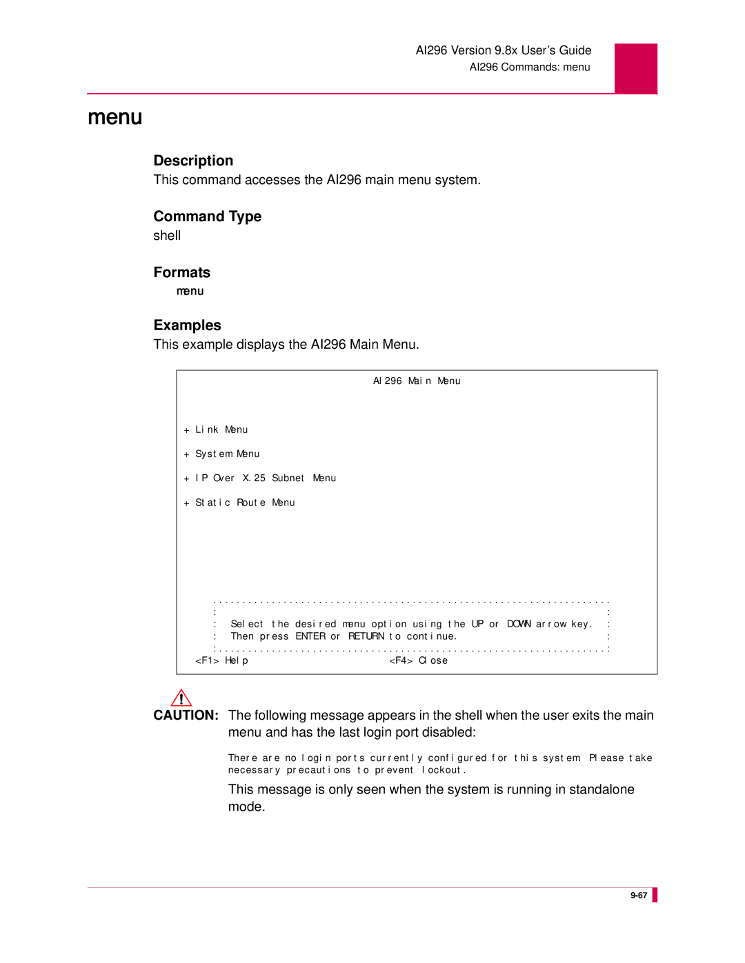 Kentrox manual This command accesses the AI296 main menu system, This example displays the AI296 Main Menu 