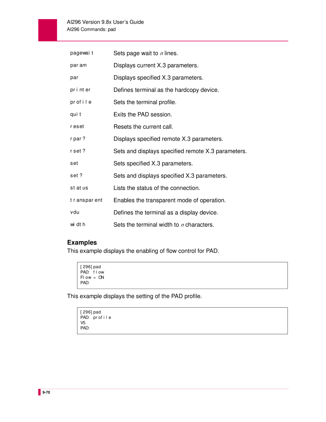 Kentrox AI296 manual Sets page wait to n lines, Displays current X.3 parameters, Displays specified X.3 parameters 