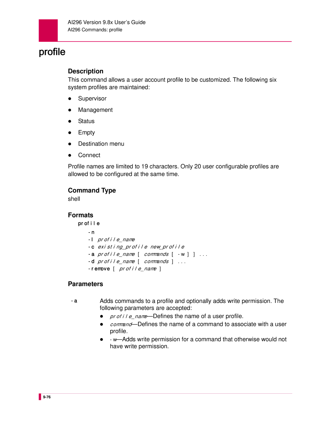 Kentrox AI296 manual Command Type shell Formats, Profilename-Defines the name of a user profile, Have write permission 