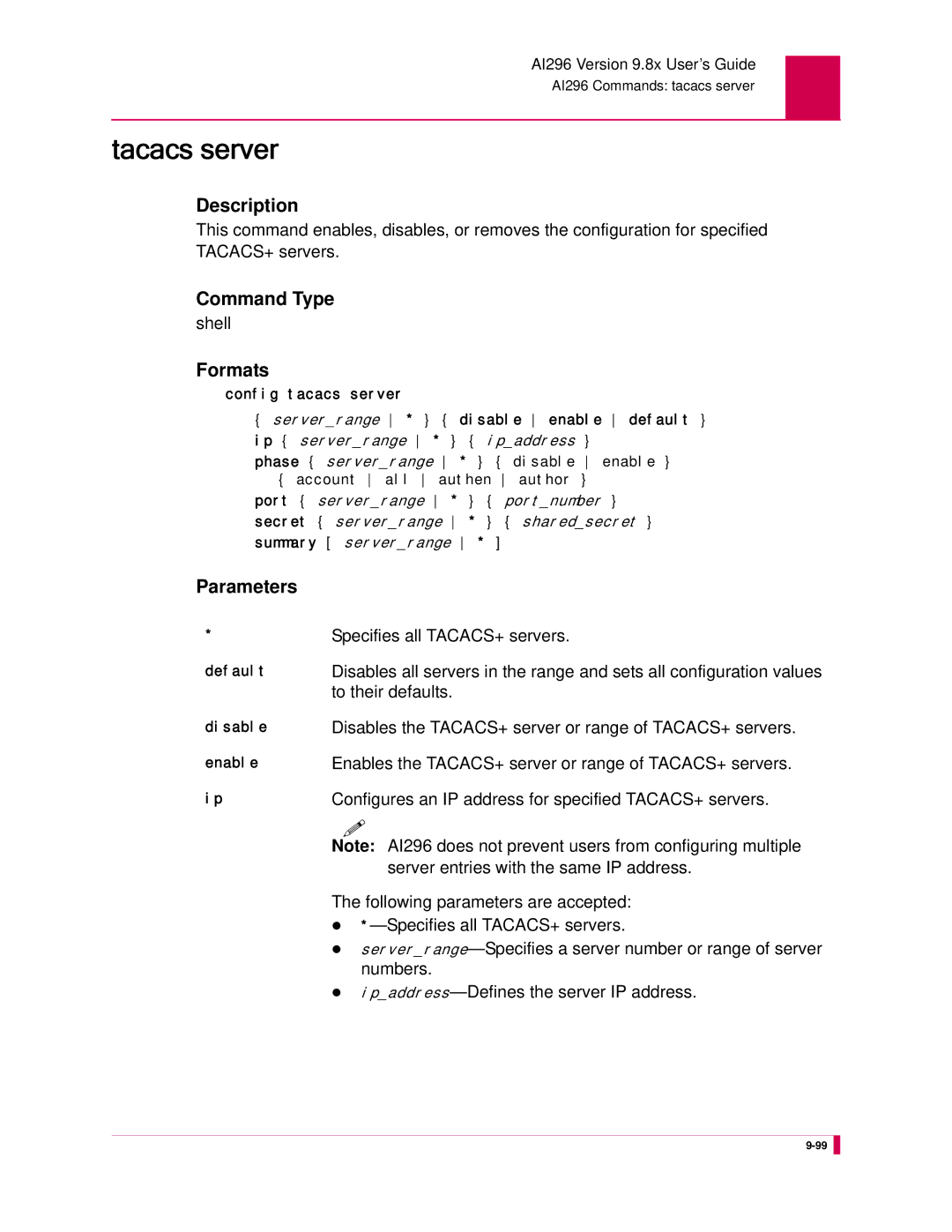 Kentrox AI296 manual Tacacs server 