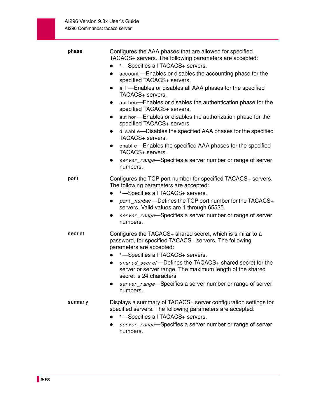 Kentrox AI296 manual Configures the AAA phases that are allowed for specified, Specified TACACS+ servers, Numbers 