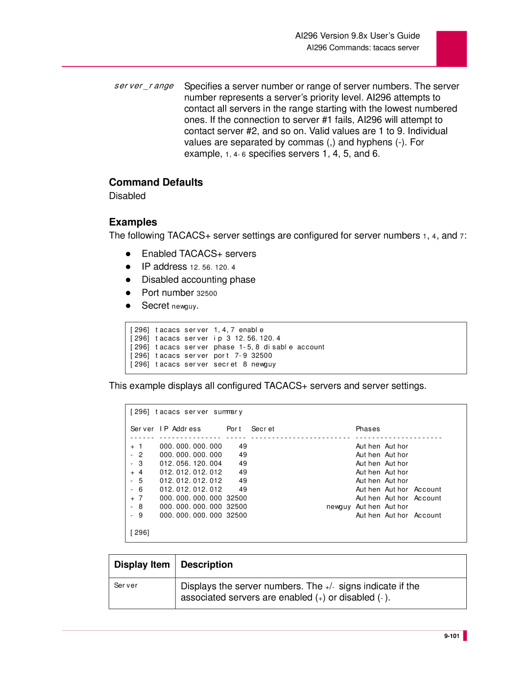 Kentrox AI296 manual Disabled, Displays the server numbers. The +/ signs indicate if 