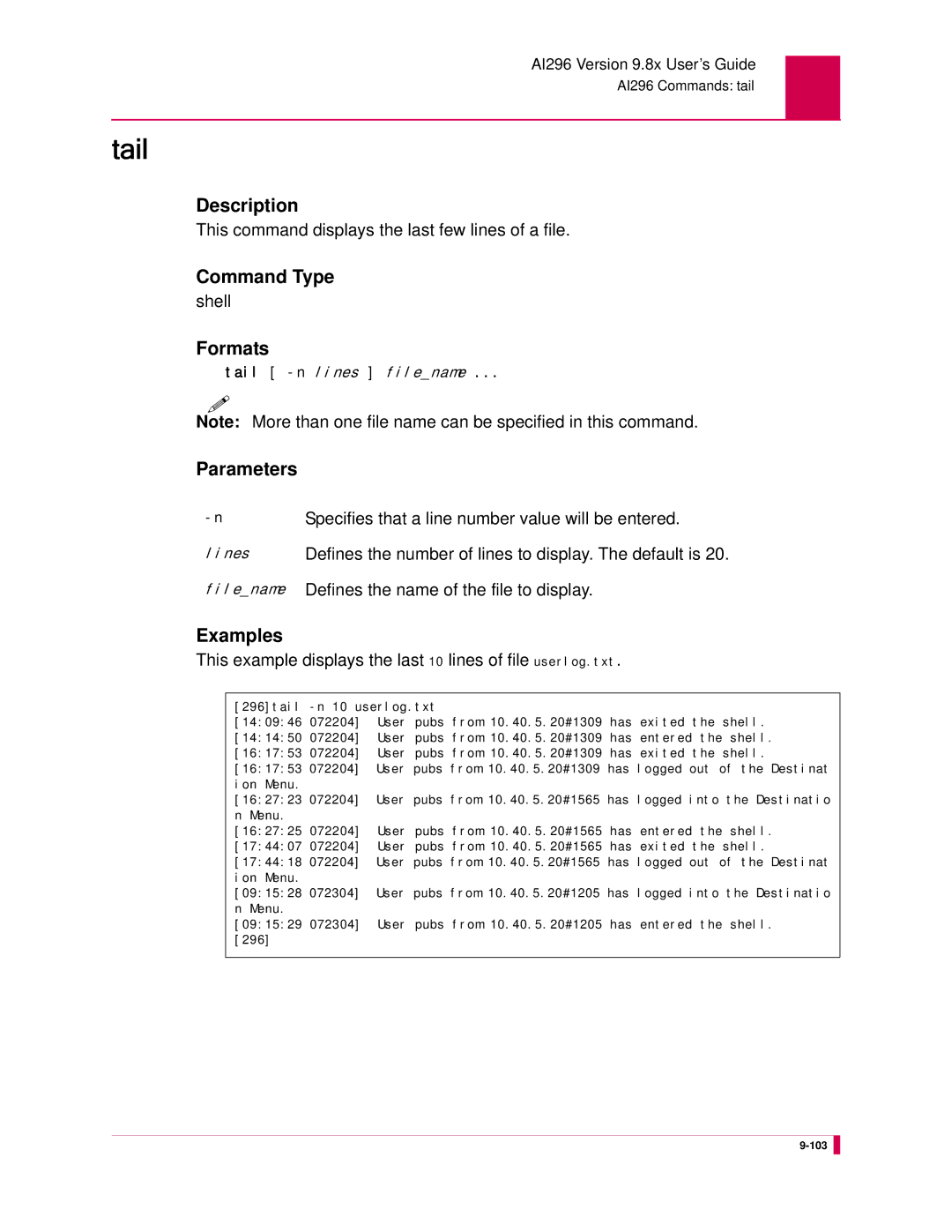 Kentrox AI296 Tail, This command displays the last few lines of a file, Specifies that a line number value will be entered 