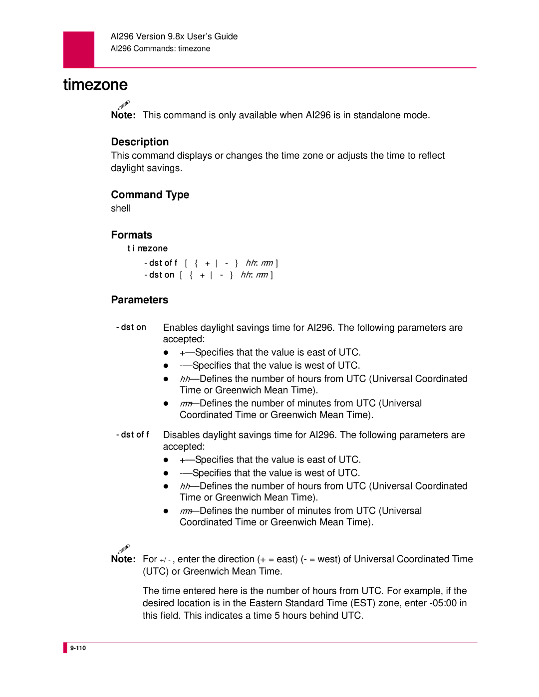 Kentrox AI296 manual Timezone, Command Type shell Formats 