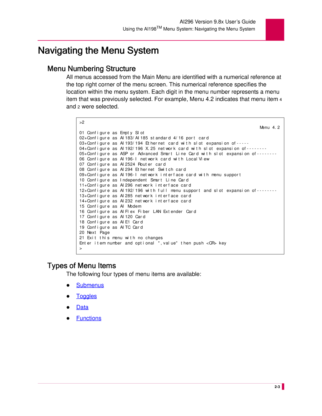 Kentrox AI296 manual Navigating the Menu System, Menu Numbering Structure, Types of Menu Items 