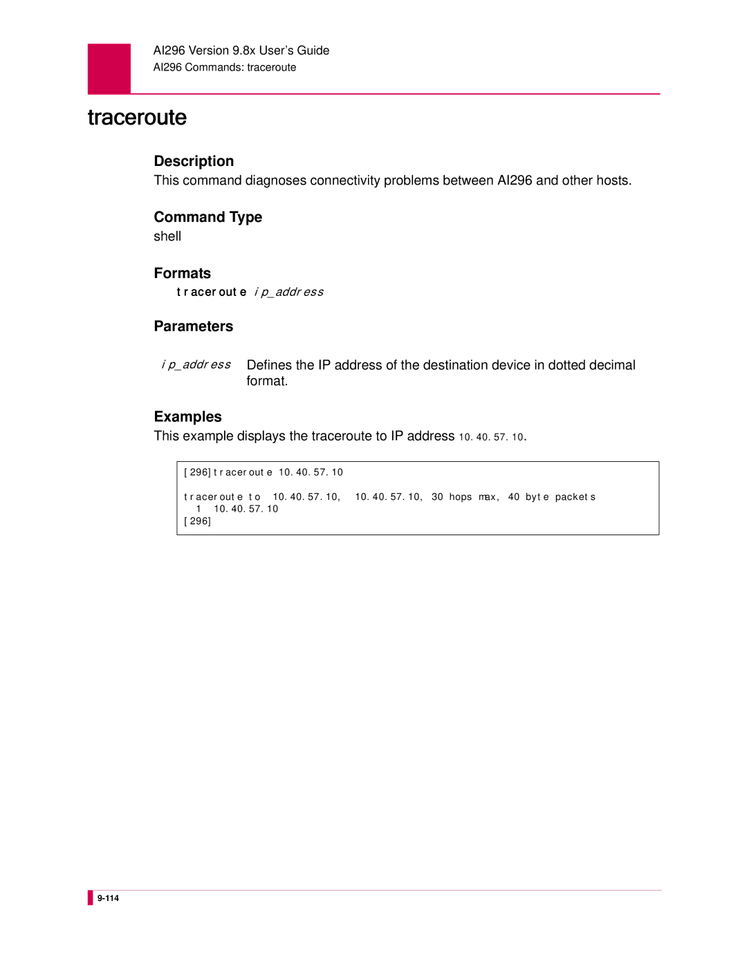 Kentrox AI296 manual Traceroute, This example displays the traceroute to IP address 