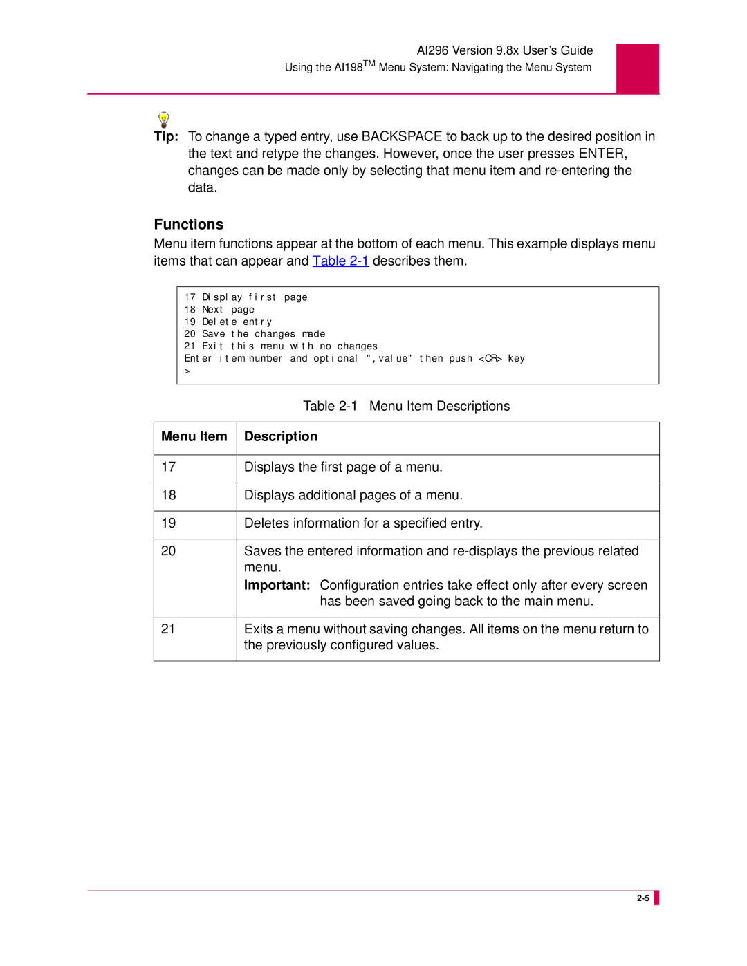 Kentrox AI296 manual Functions, Menu Item Descriptions 