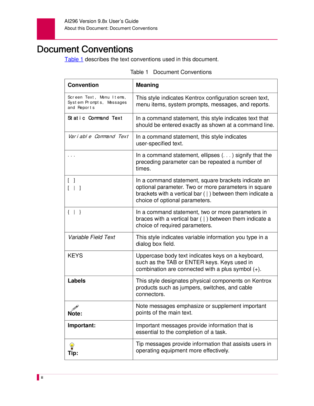 Kentrox AI296 manual Document Conventions, Convention Meaning, Labels, Tip 