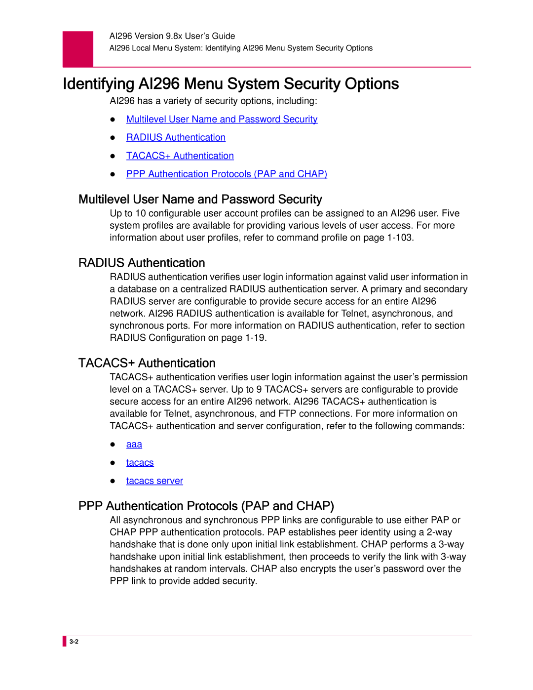 Kentrox manual Identifying AI296 Menu System Security Options, Multilevel User Name and Password Security 