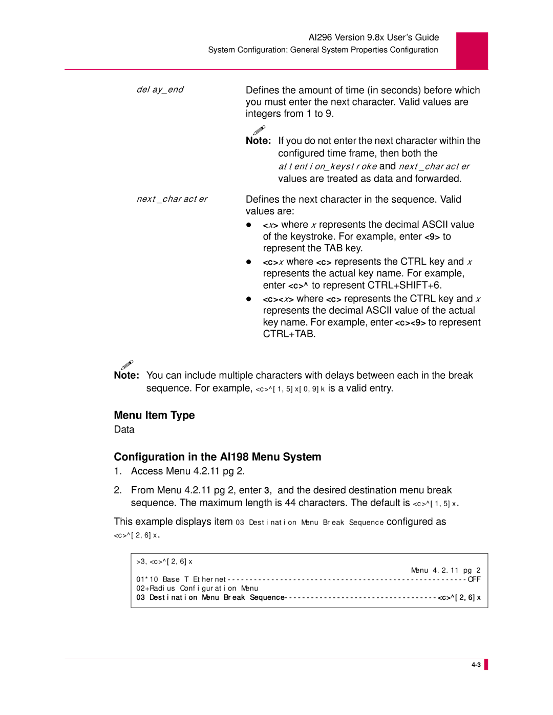 Kentrox AI296 manual Menu Item Type, Configuration in the AI198 Menu System 