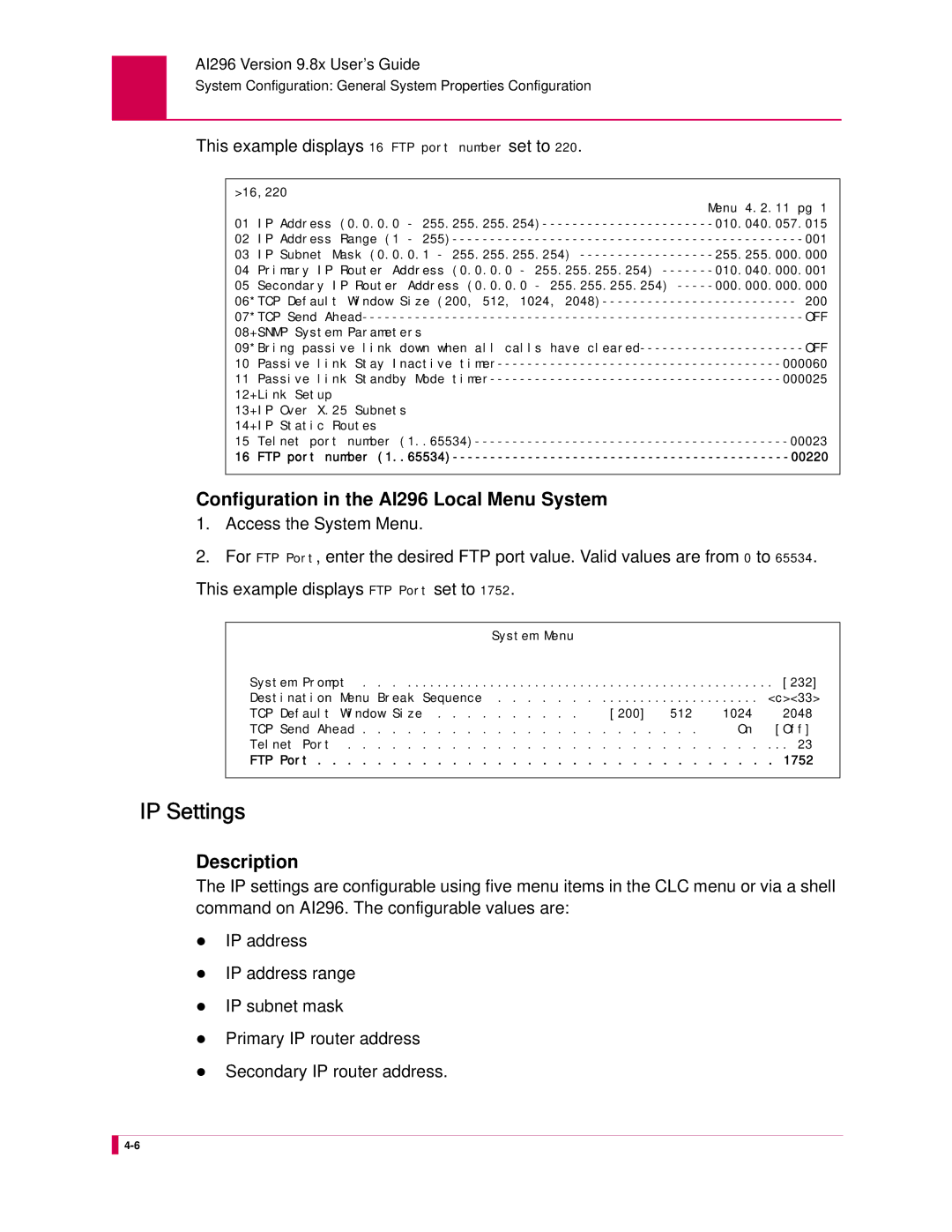 Kentrox AI296 manual IP Settings, This example displays 16 FTP port number set to 