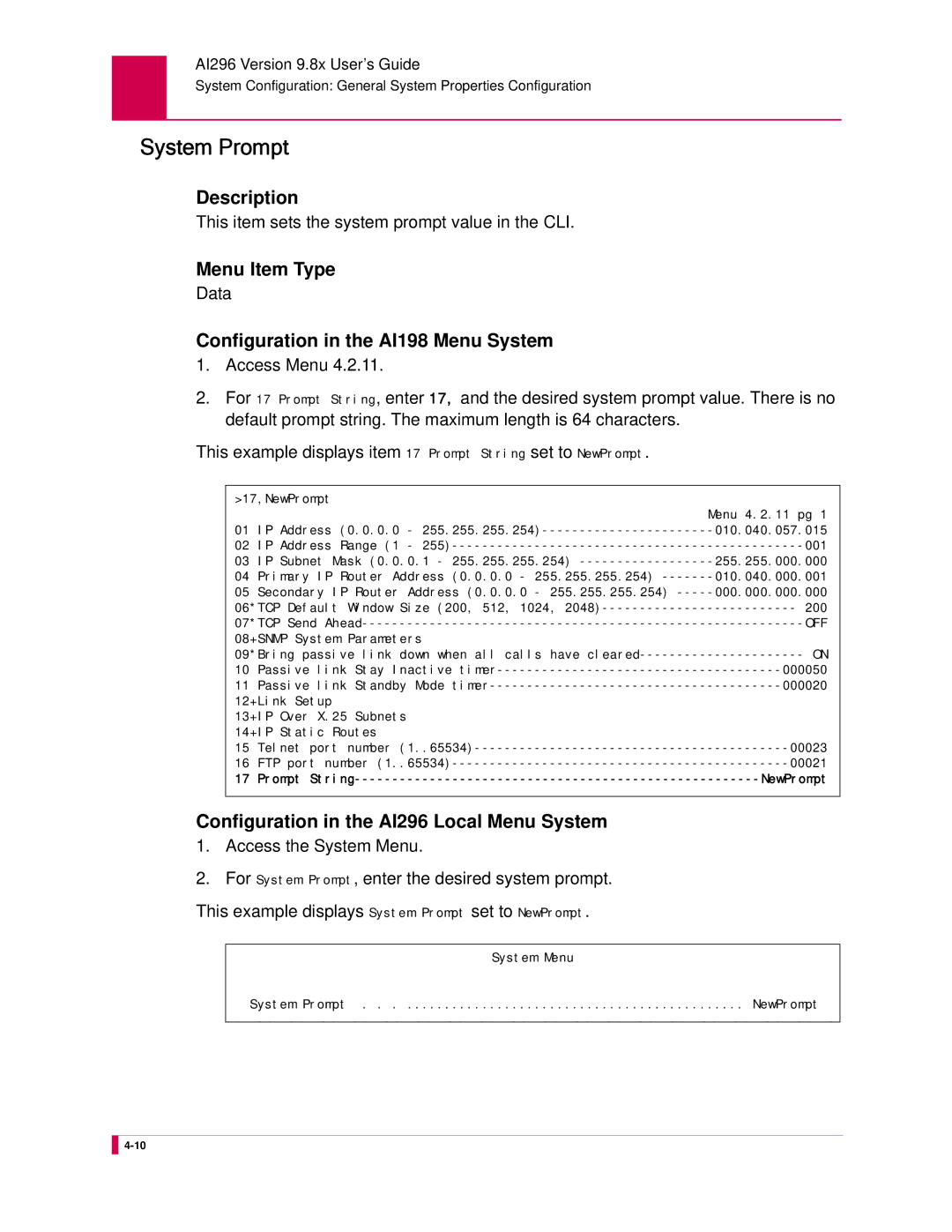 Kentrox AI296 manual System Prompt, This item sets the system prompt value in the CLI 