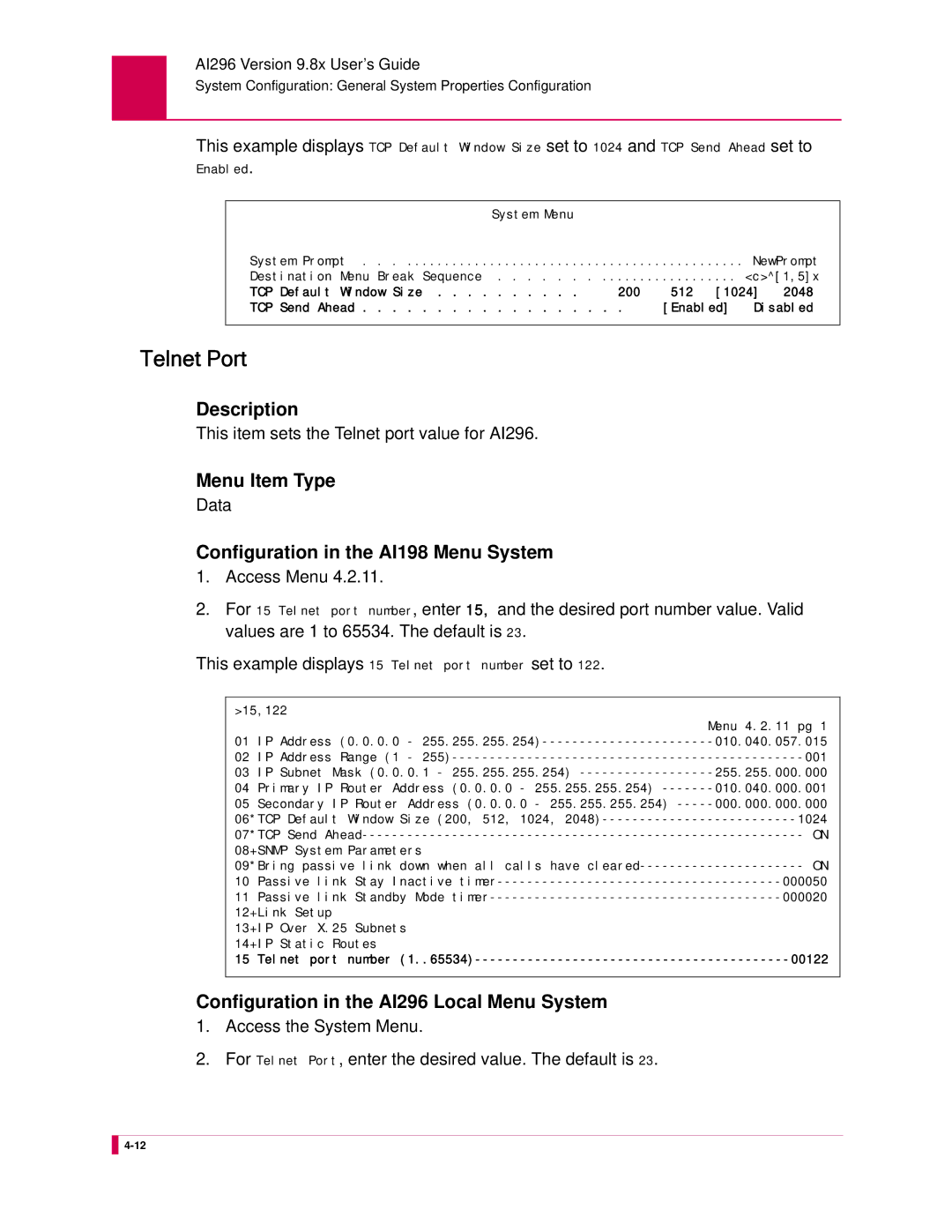 Kentrox manual Telnet Port, This item sets the Telnet port value for AI296 