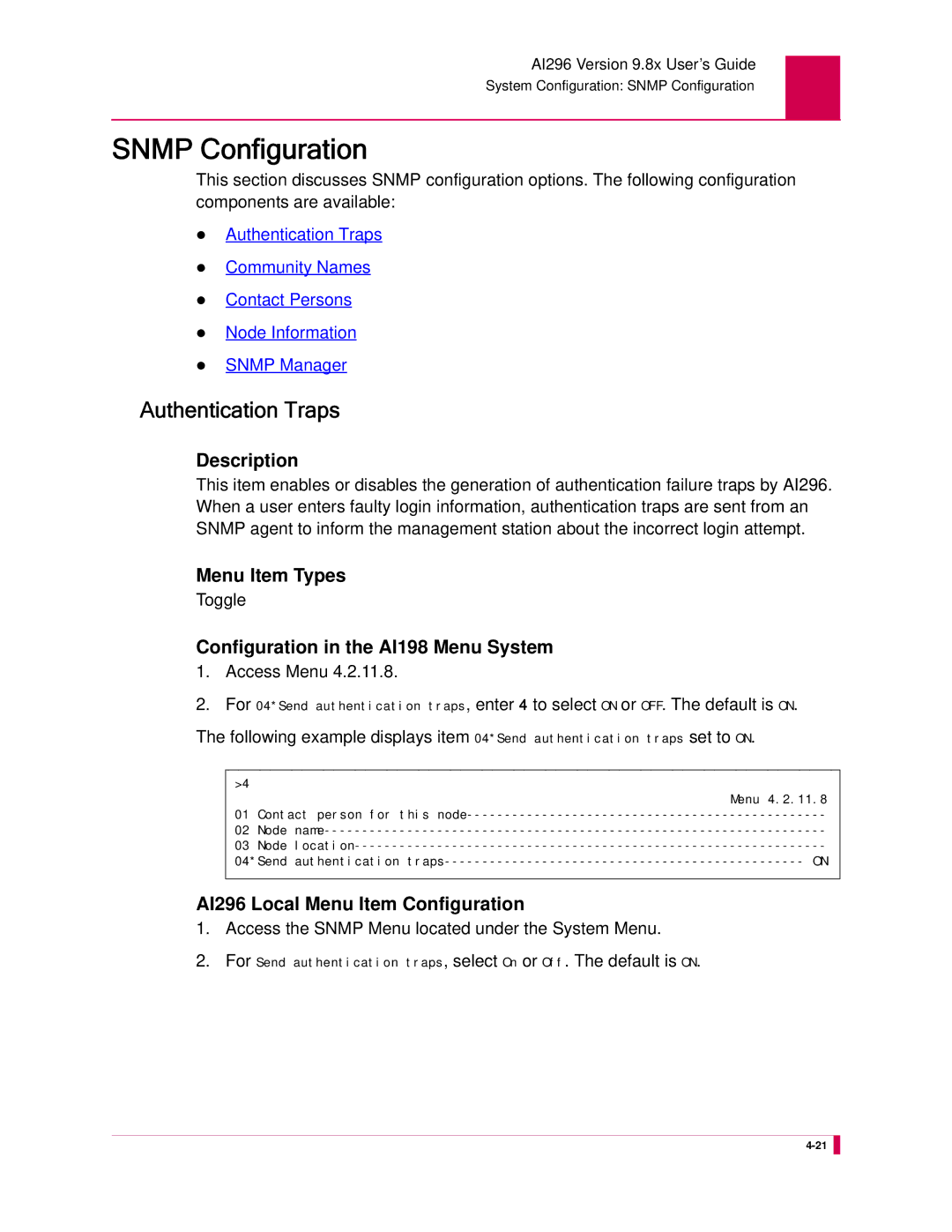 Kentrox manual Snmp Configuration, Authentication Traps, AI296 Local Menu Item Configuration 