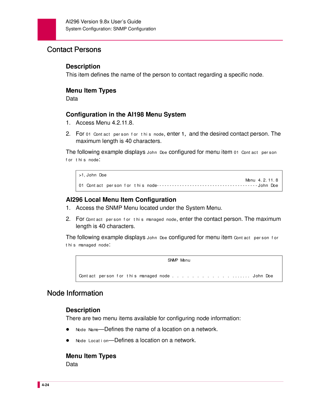 Kentrox AI296 manual Contact Persons, Node Information 