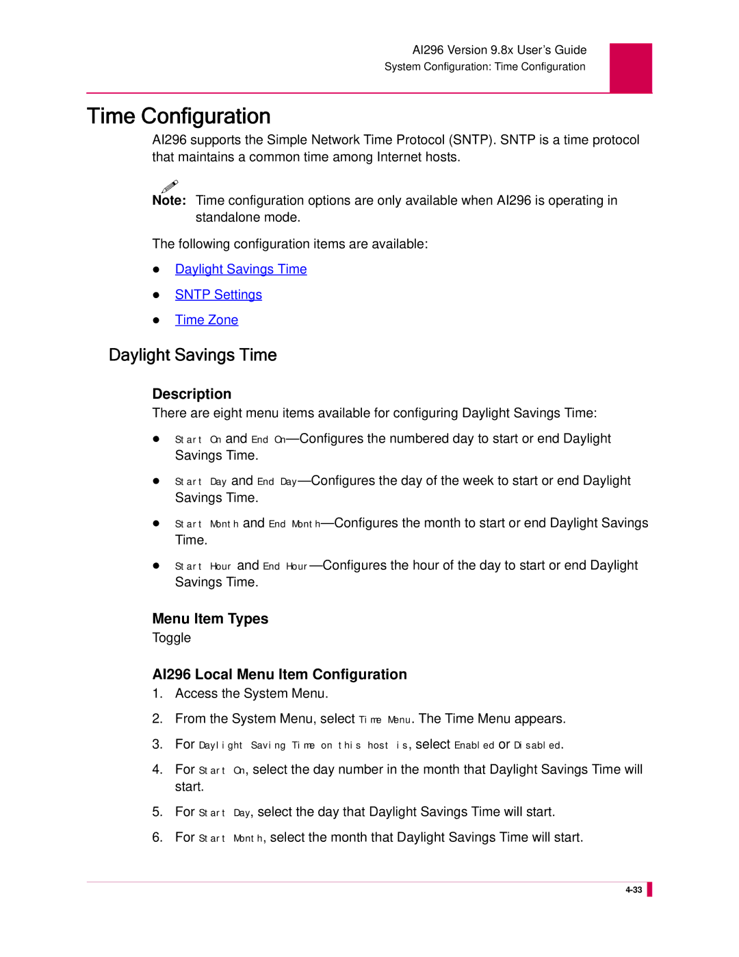 Kentrox AI296 manual Time Configuration, Daylight Savings Time 