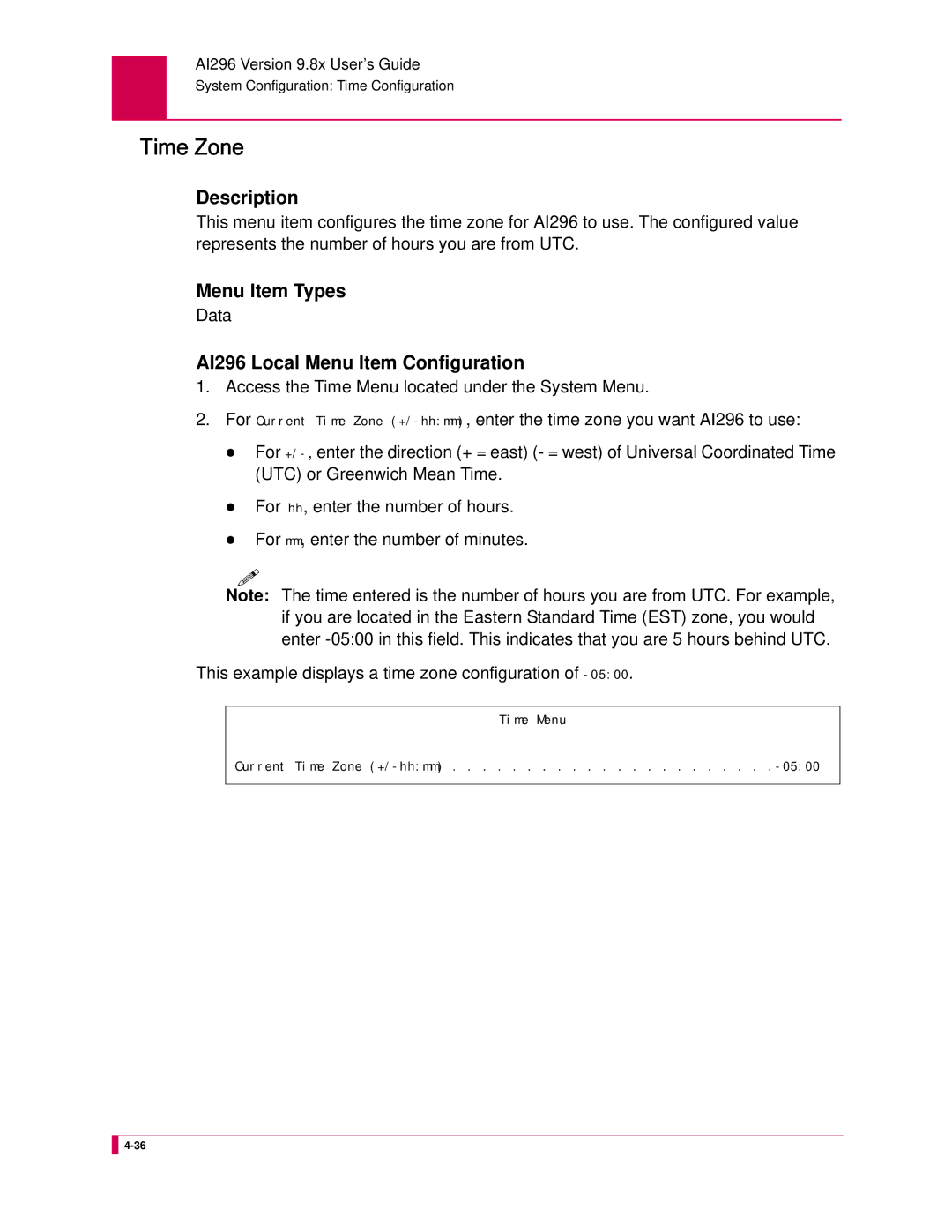 Kentrox AI296 manual Time Zone, Data 