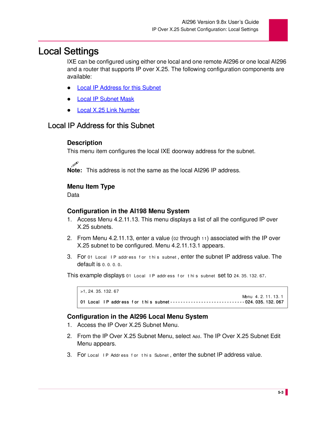 Kentrox AI296 manual Local Settings, Local IP Address for this Subnet 