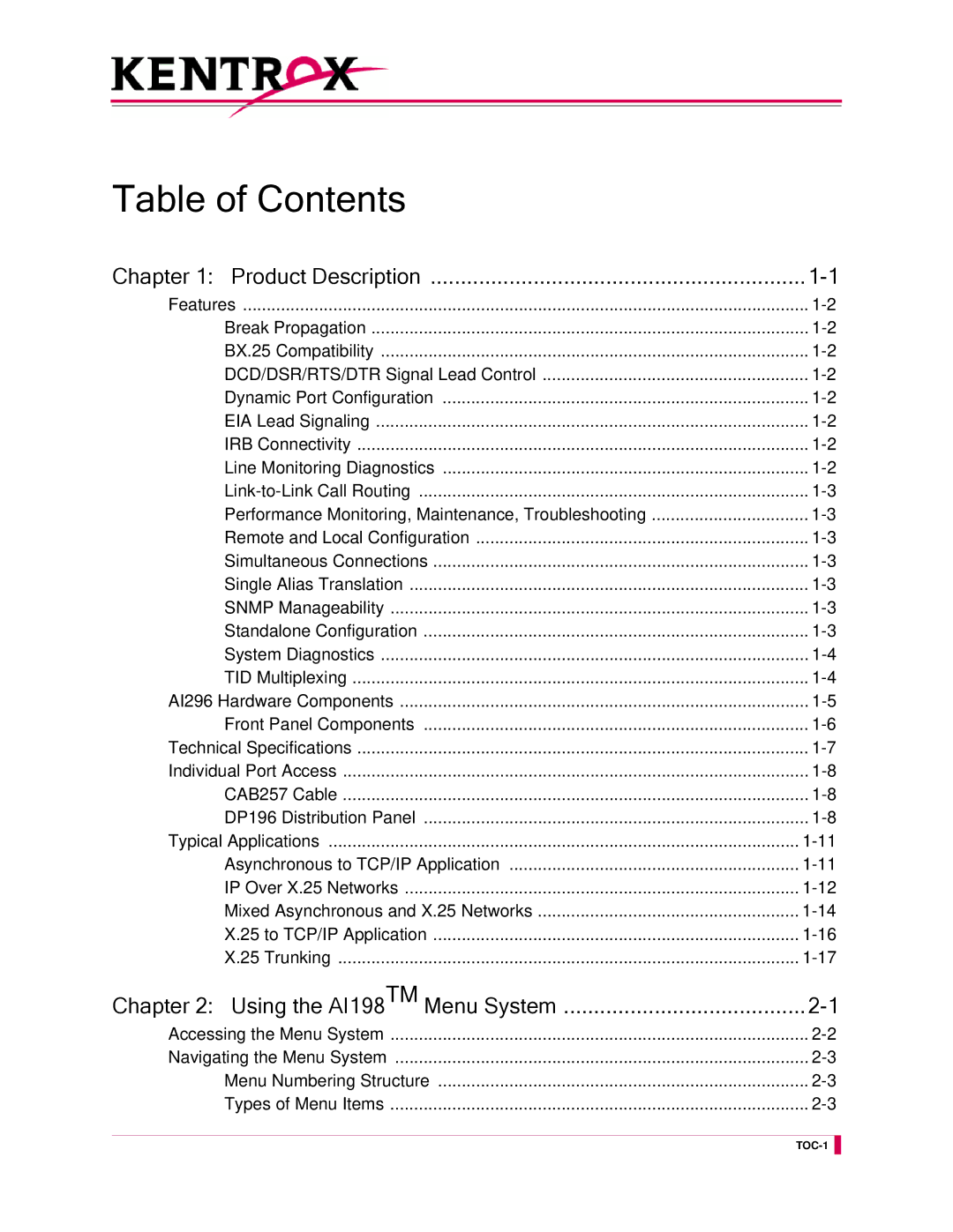 Kentrox AI296 manual Table of Contents 