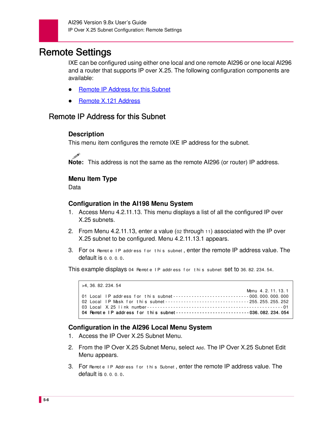 Kentrox AI296 manual Remote Settings, Remote IP Address for this Subnet 