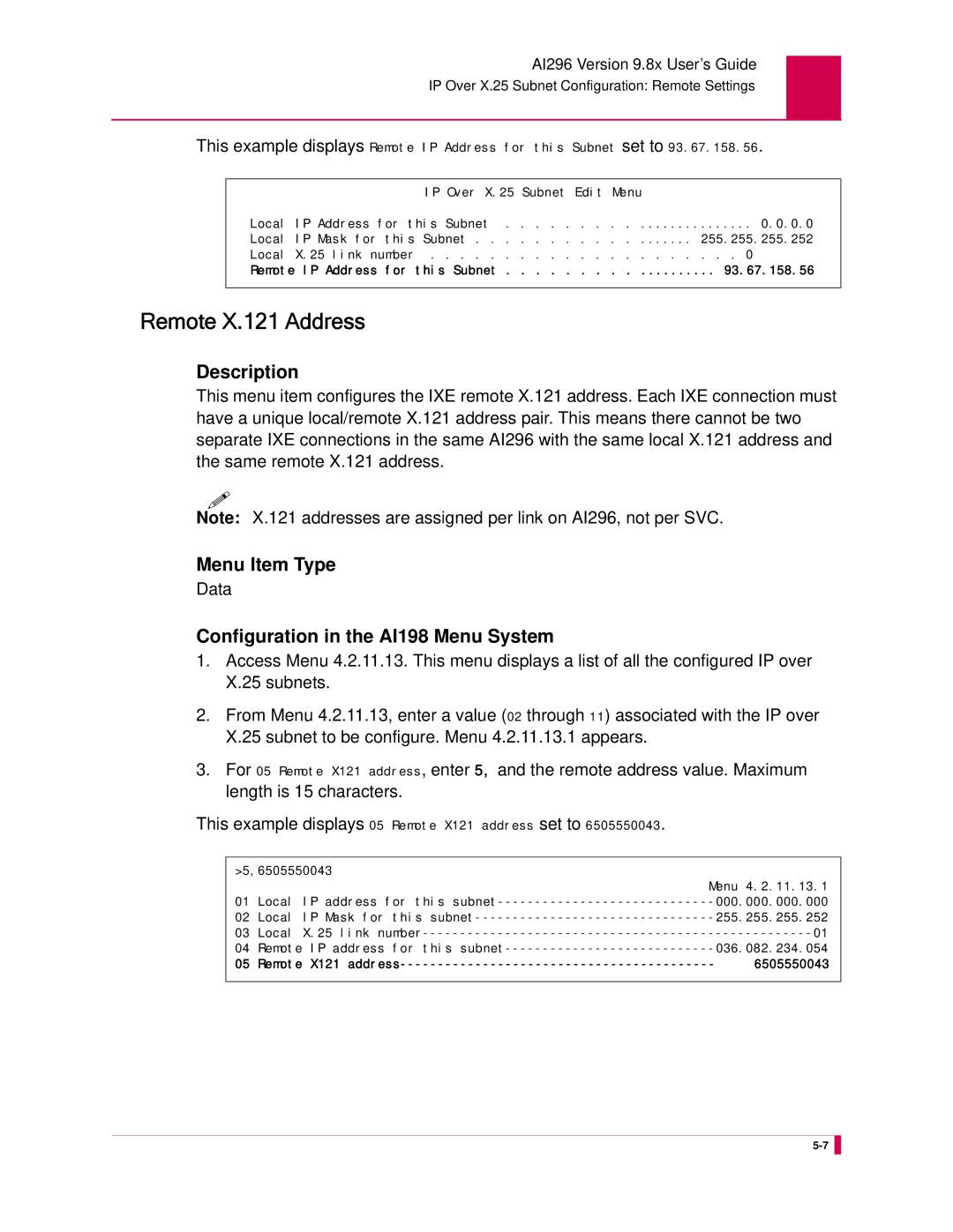 Kentrox AI296 manual Remote X.121 Address 