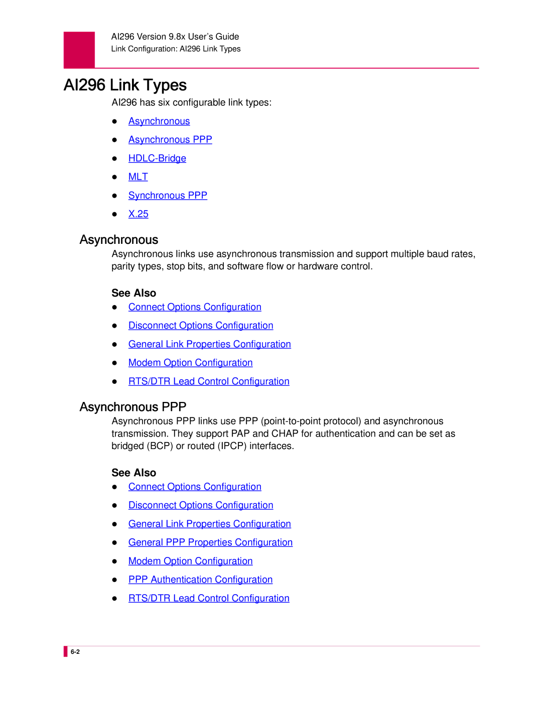 Kentrox manual AI296 Link Types, Asynchronous PPP, See Also, AI296 has six configurable link types 