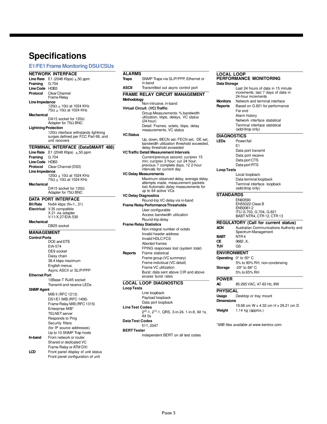 Kentrox 488, 486 warranty Specifications, E1/FE1 Frame Monitoring DSU/CSUs, Terminal Interface DataSMART 