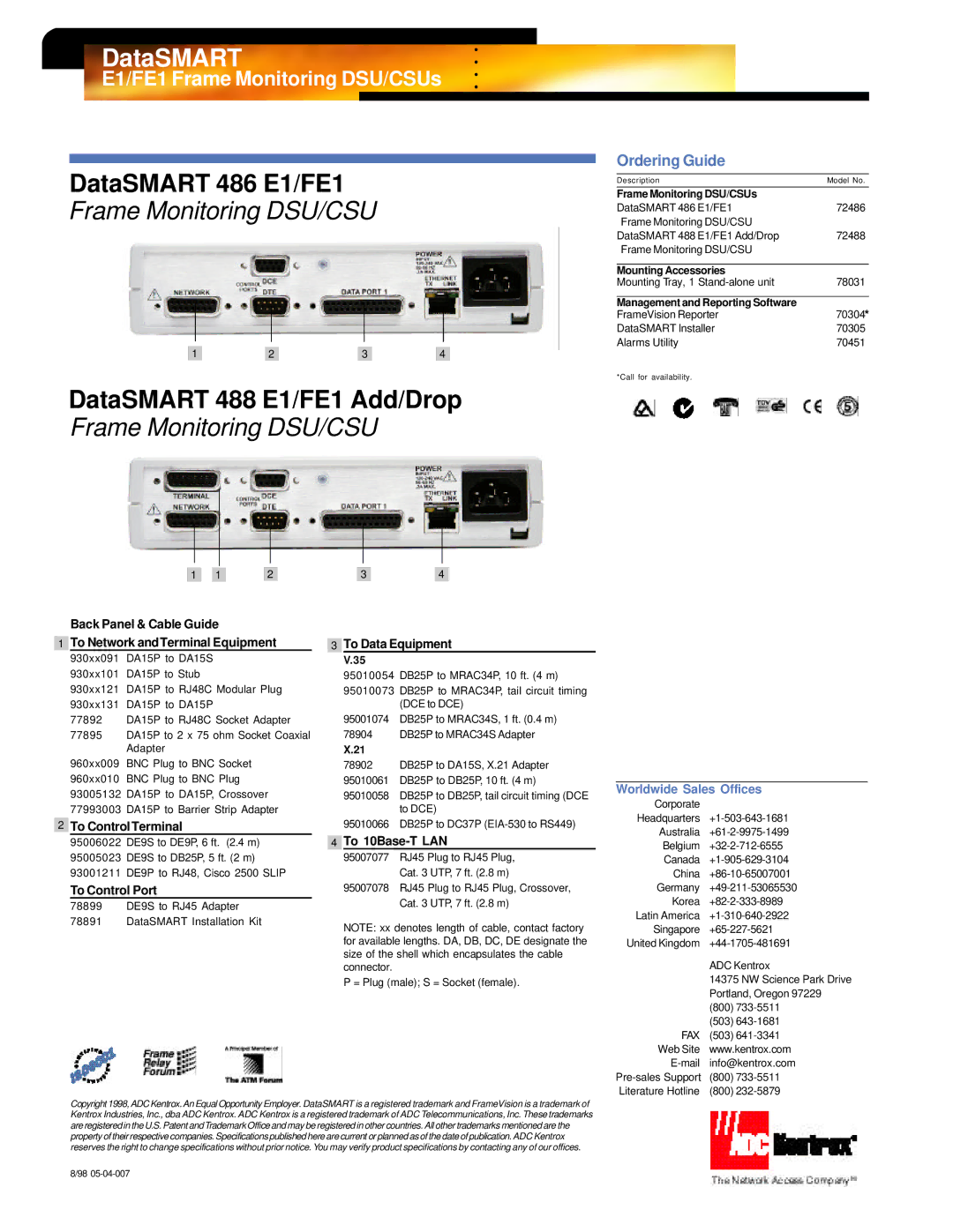 Kentrox CSUs, DSU warranty DataSMART 486 E1/FE1, DataSMART 488 E1/FE1 Add/Drop, Ordering Guide 