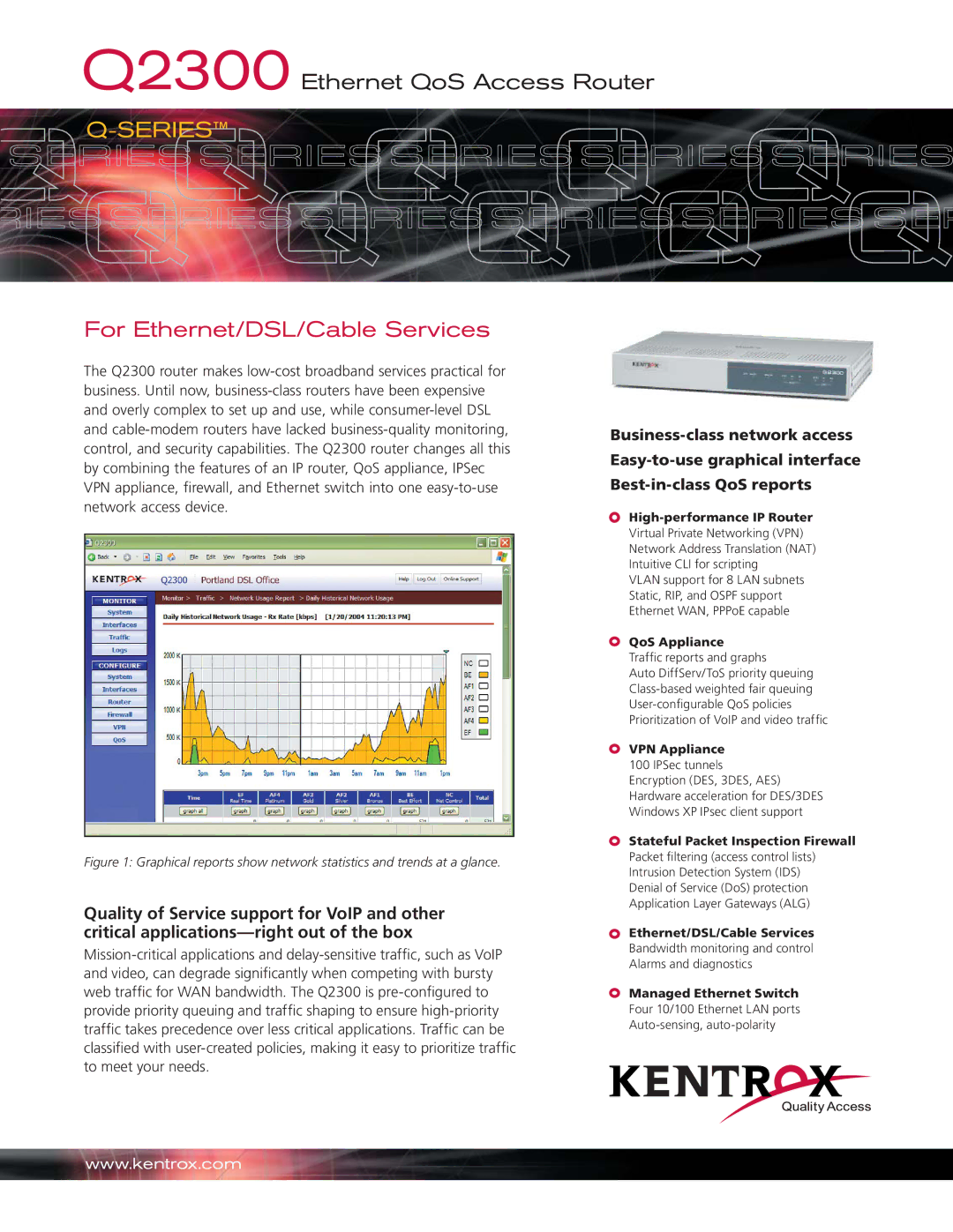 Kentrox Q2300 manual QoS Appliance, Ethernet/DSL/Cable Services, Managed Ethernet Switch 