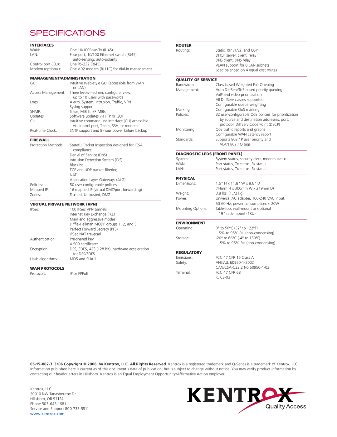 Kentrox Q2300 manual Specifications, Interfaces 