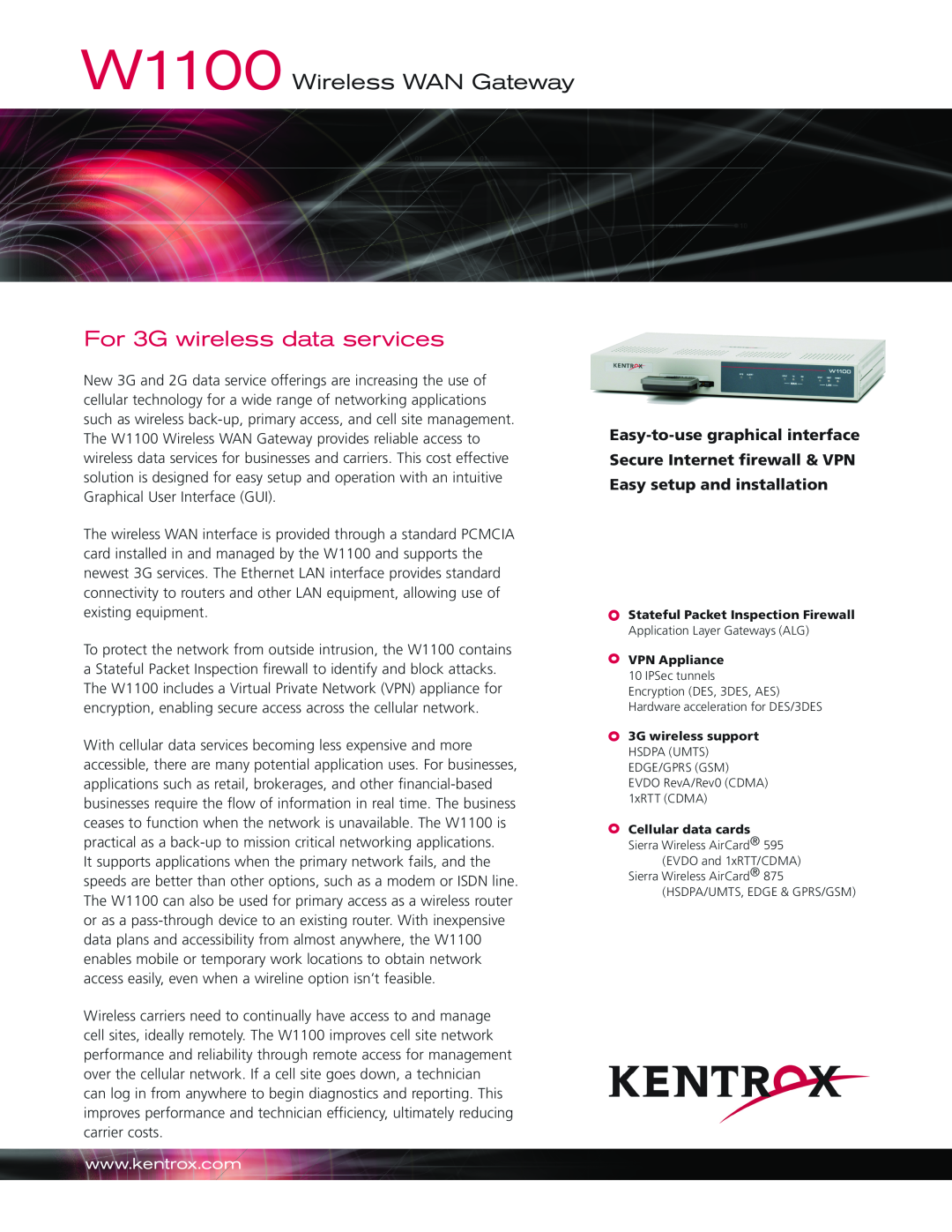 Kentrox manual For 3G wireless data services, W1100 Wireless WAN Gateway 