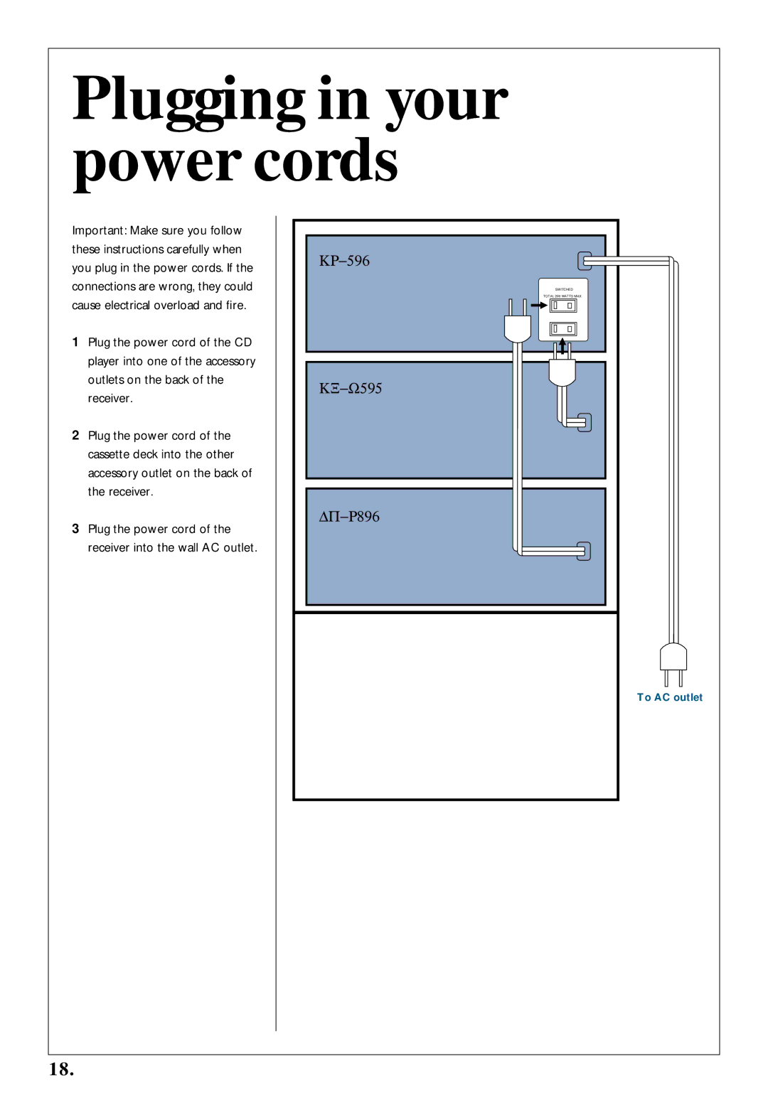 Kenwood 350 manual Plugging in your power cords 