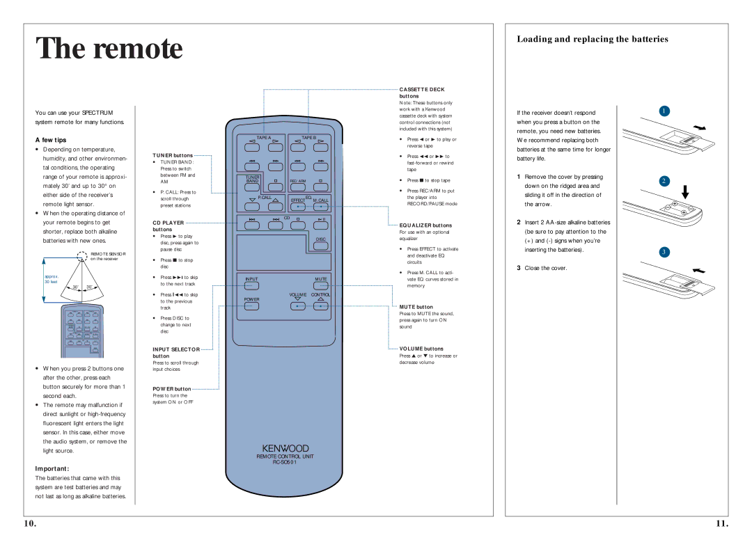 Kenwood 350 manual Remote, Loading and replacing the batteries 