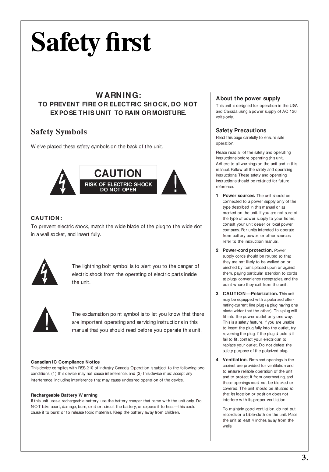 Kenwood 350 manual Safety ﬁrst, Safety Symbols, About the power supply, Safety Precautions 